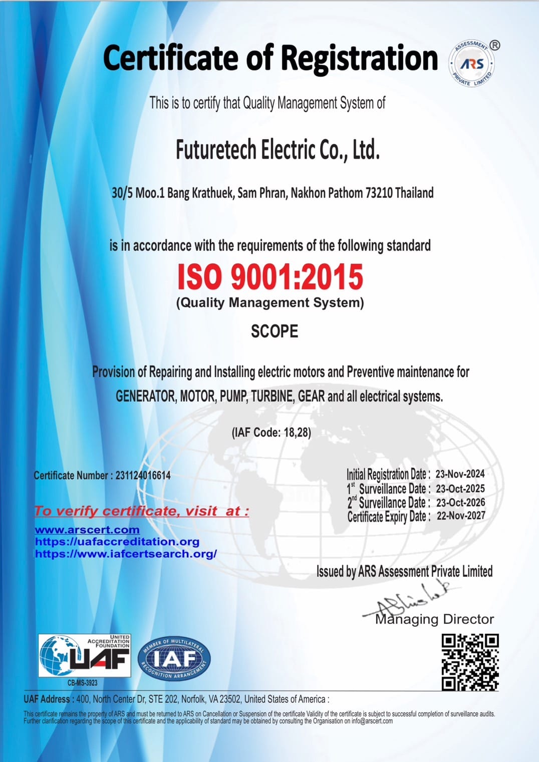 ใบรับรองมาตรฐาน ISO 9001:2015 บริษัท ฟิวเจอร์เทค อิเล็คทริค จำกัด