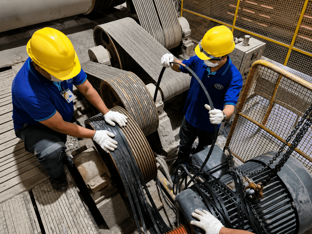 ช่างกำลังปฏิบัติงานซ่อมและตั้งสายพานขับมอเตอร์ V-Belt Alignment & Tensioning